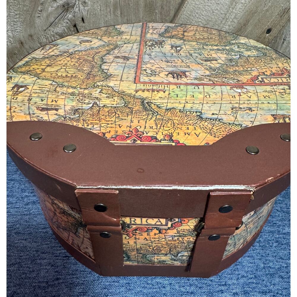 Vintage Old World Map Cardboard Nesting Hatbox Storage Metal Push Lock Accents - Picture 13 of 13